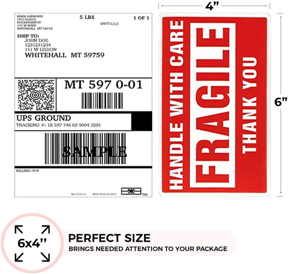 4 X 6 Inch Large Fragile Stickers Handle with Care Warning Packing Shipping Label - Permanent Adhesive (1 Roll, 500 Labels)